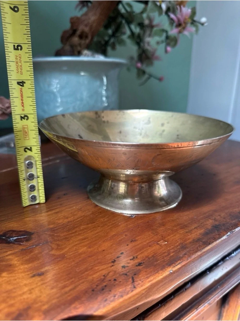 Vintage Etched Brass Pedestal Bowl - Warm Brass Tone